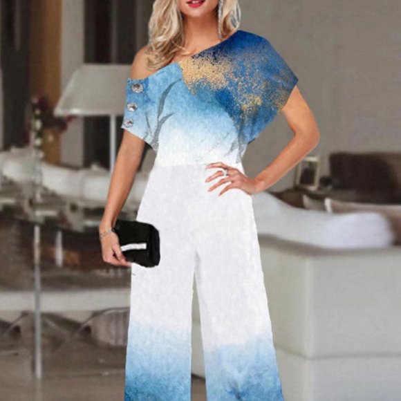 Elegant Straight Wide Leg Pant Jumpsuit Women Casual Loose Short Sleeve Overalls - Picture 1 of 2